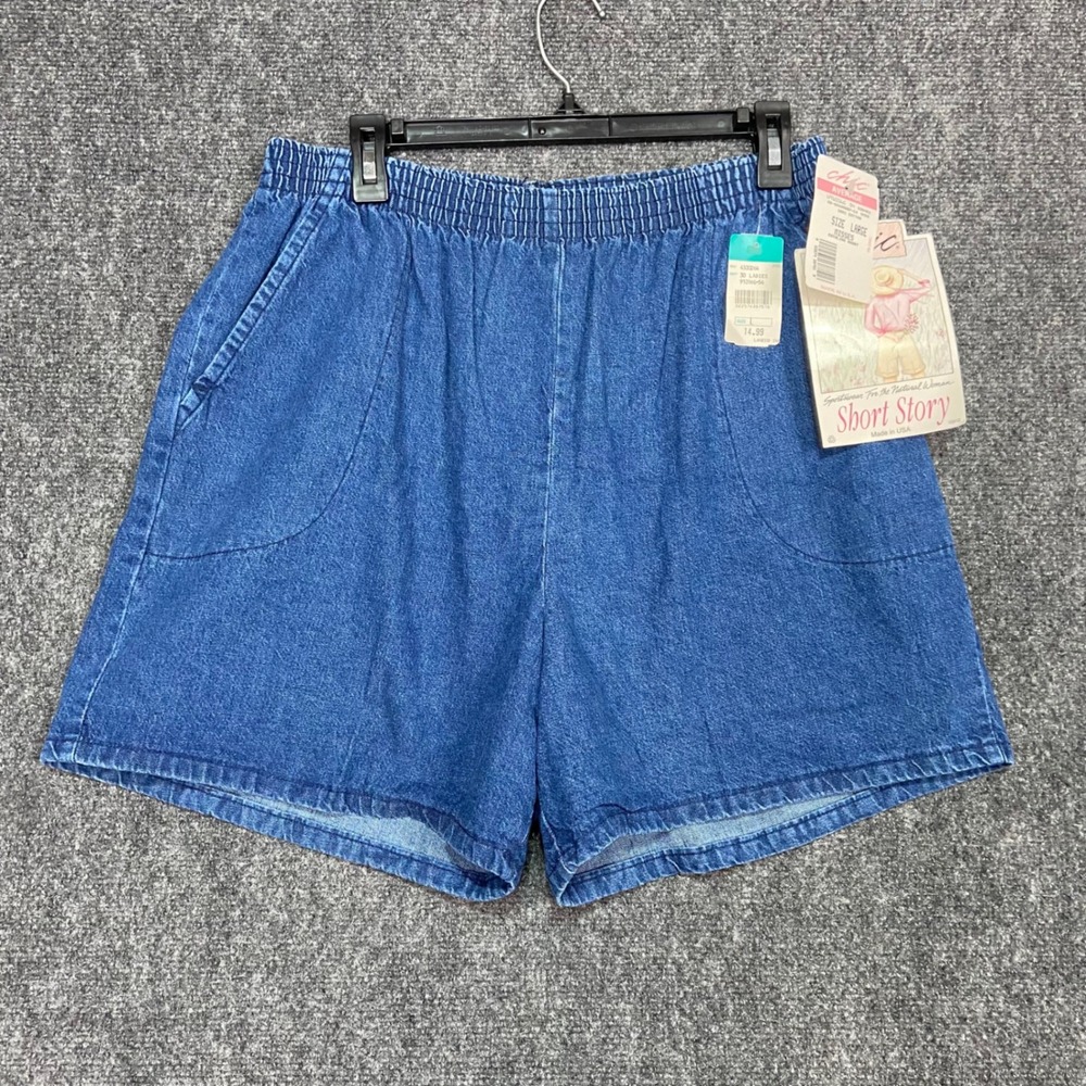 VTG Chic Short Story Denim Shorts Women's Large Elastic Waist High Rise Blue NWT